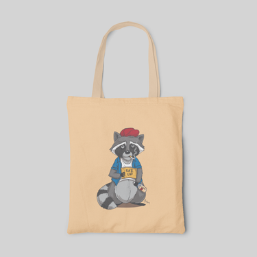 lowbrow orange tote bag with clothed raccoon illustration, front side
