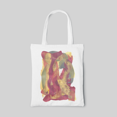 abstract designed tote bag, white base with light burgundy, yellow and dark blue colour, front side