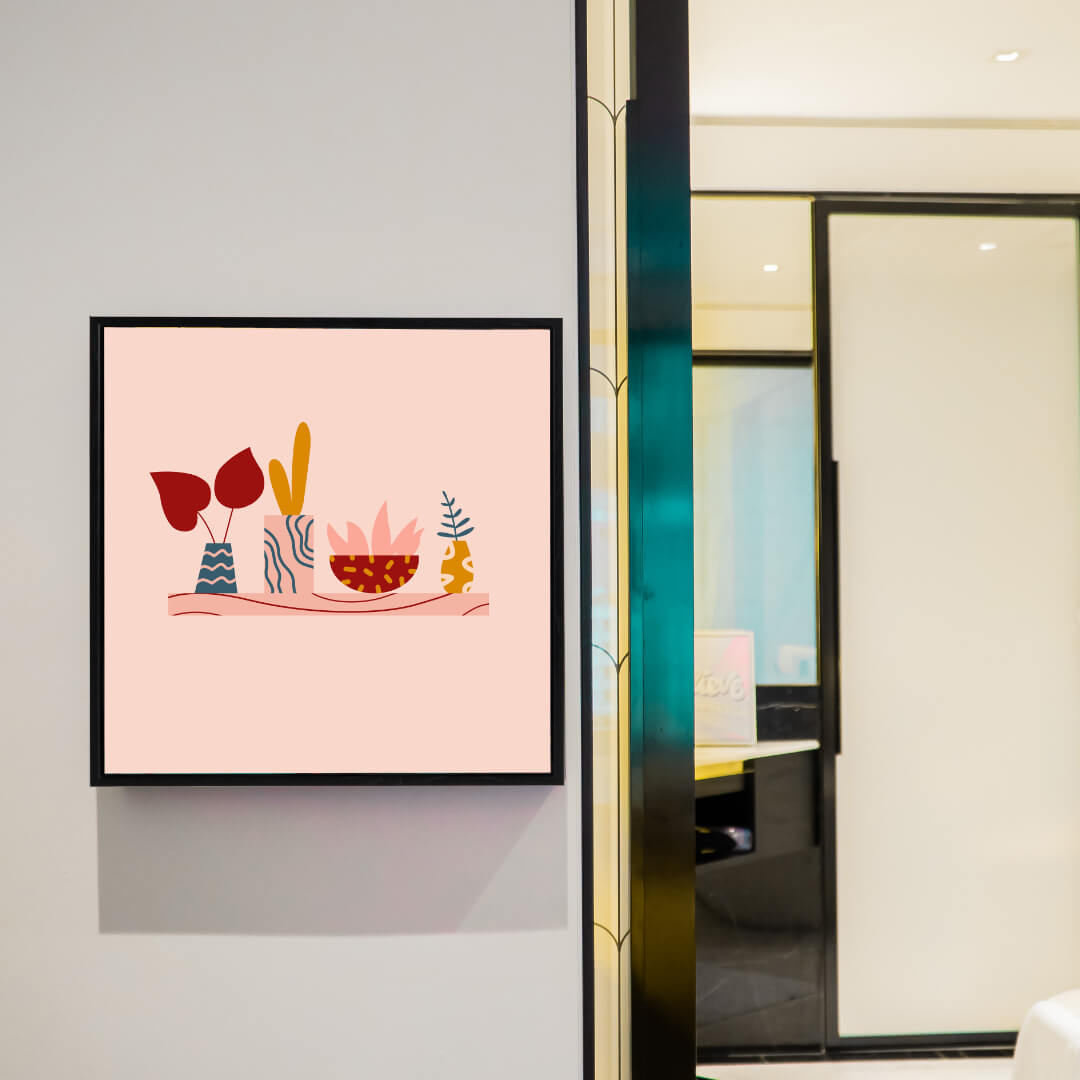 Pink canvas with four potted plants 