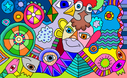 Abstract monkey art with bold colours and solid shapes 