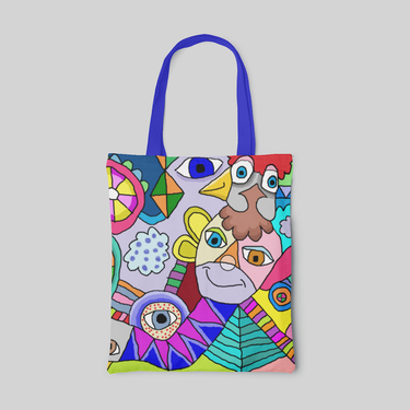 vivid colour designed tote bag with abstract monkey illustration and multiple eyes, front side