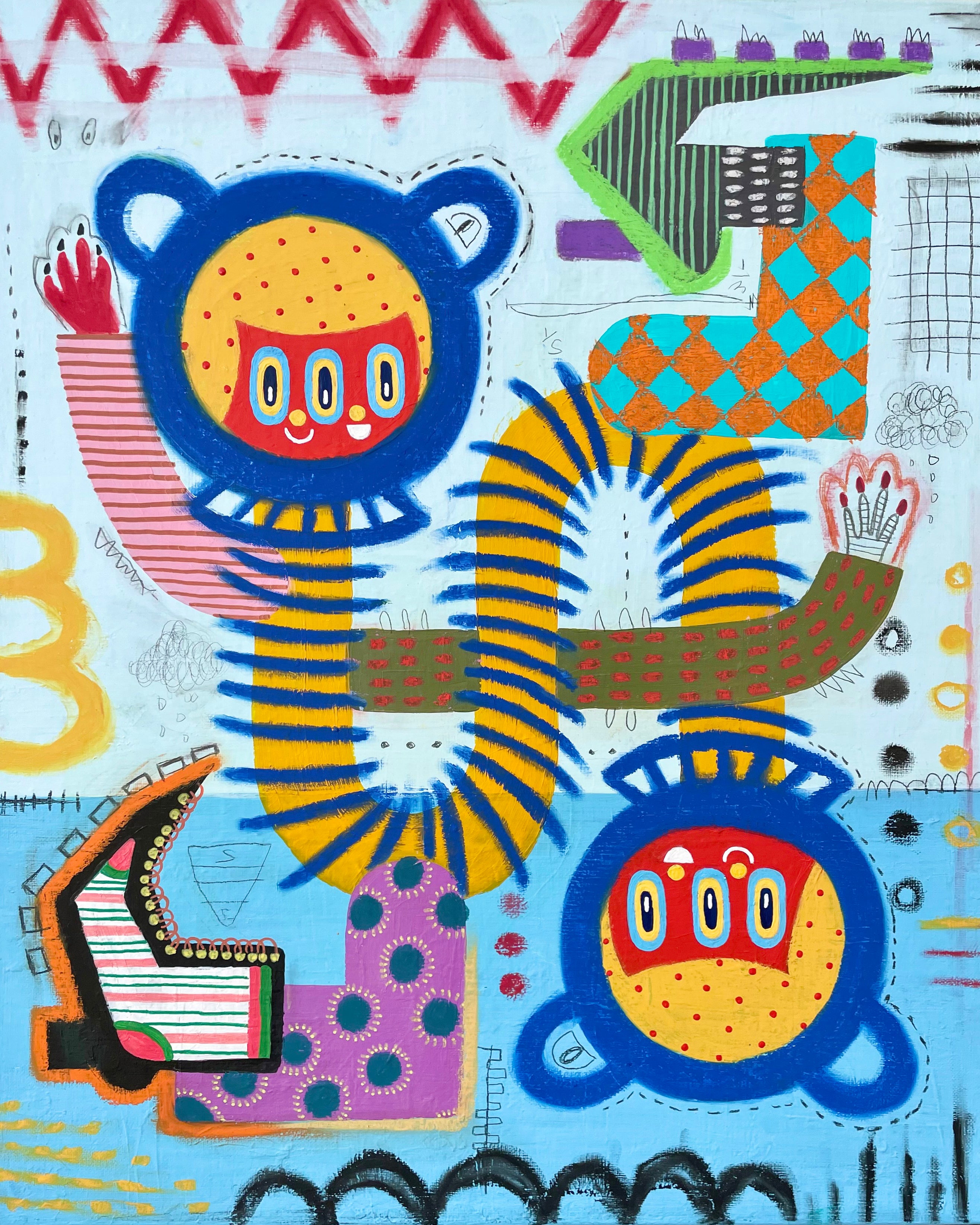 Abstract blue yellow and orange illustration different shapes and colours 