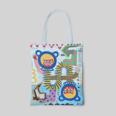 Abstract blue red and yellow designed tote bag with two bear faces and different shapes, front side
