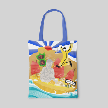 urban designed tote bag with big buddha drinking juice, HK sign, dim sum, pineapple bread and a girl dressing up like bruce lee floating on egg tart island, front side