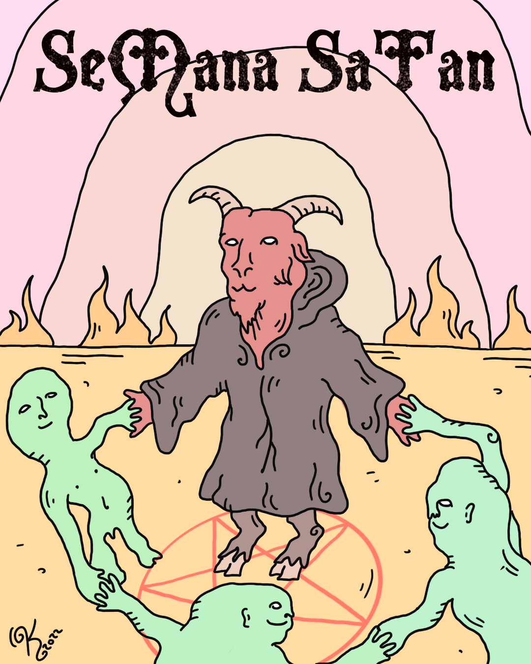 Cartoon style satan and green aliens in hell with lettering 
