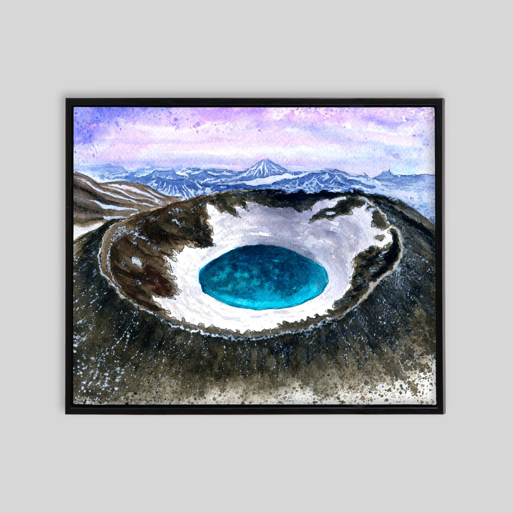 Purple and blue landscape into volcano with water