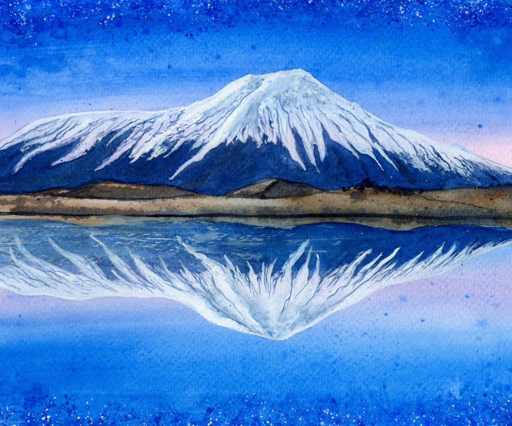 Blue themed canvas with icy volcano above lake 