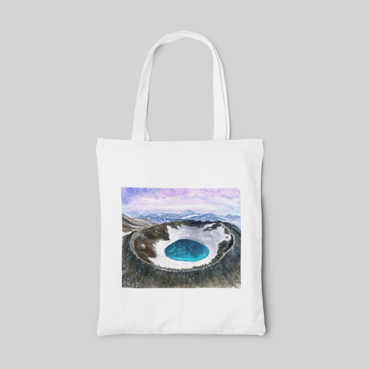 White tote bag with inside a volcano landscape 