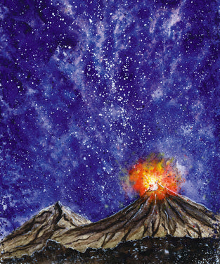 Starry night above erupting volcano