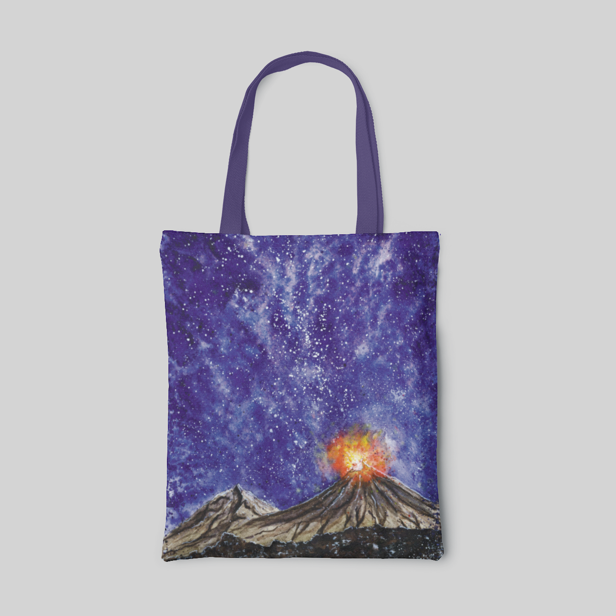 bluish purple landscape designed tote bag with starry night sky and erupting volcano print, front side