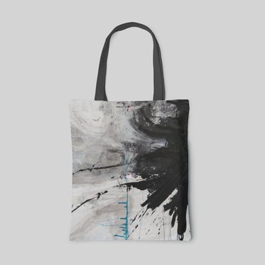 Abstract designed tote bag with monochrome ink pattern and highlighted in blue ink, front side