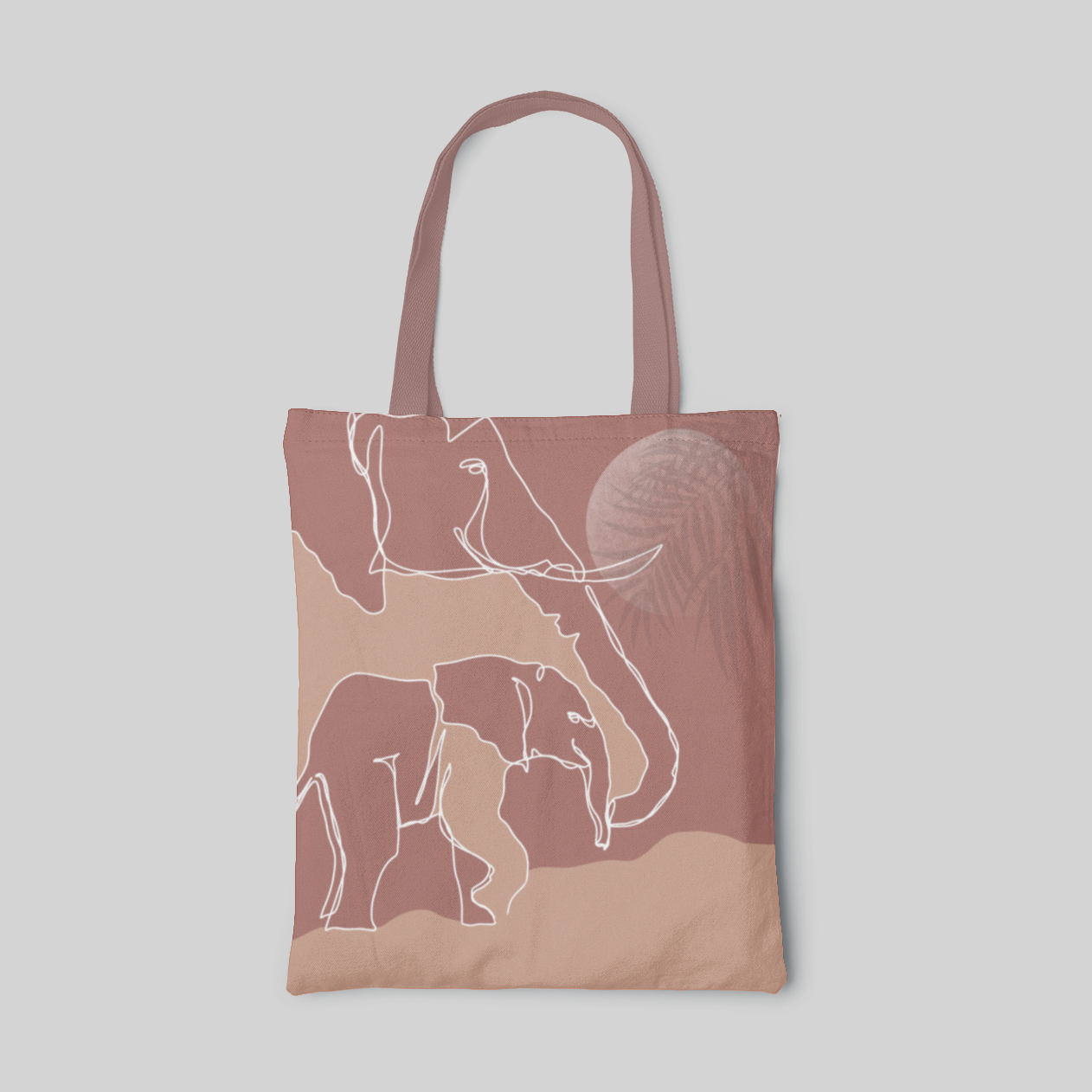 Beige theme designed tote bag with line drawing of elephants, a moon with plant shadow next to the elephants, front side