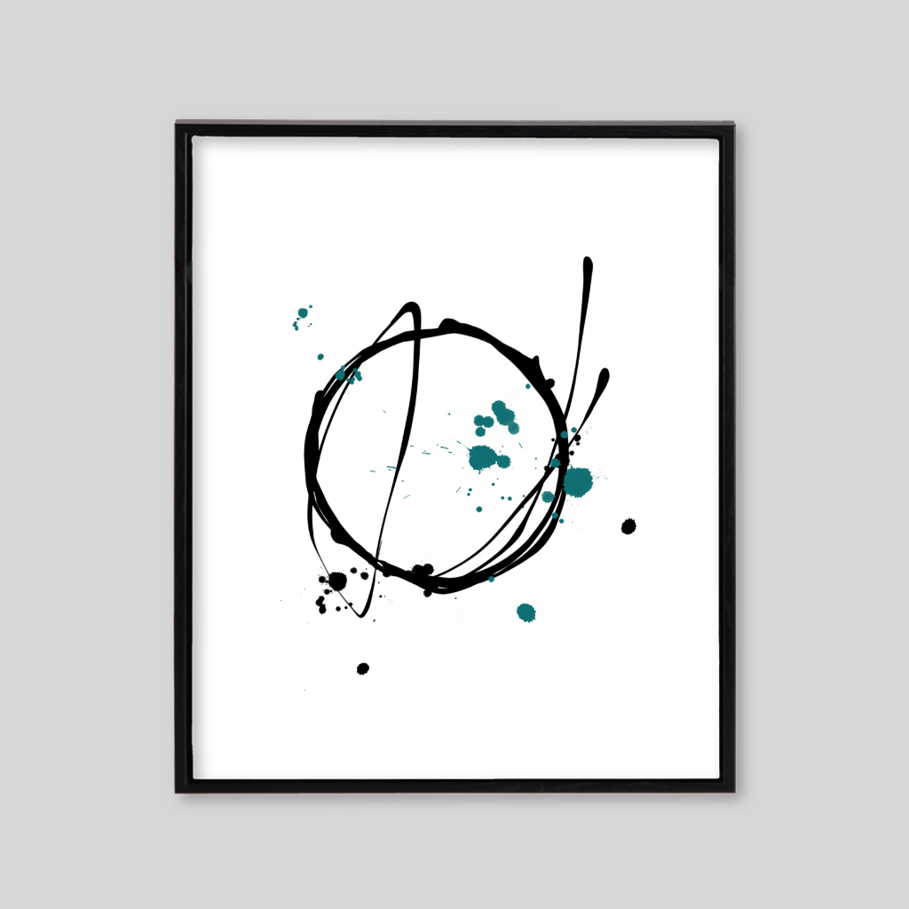 White canvas with simple black circle and splash of blue paint 