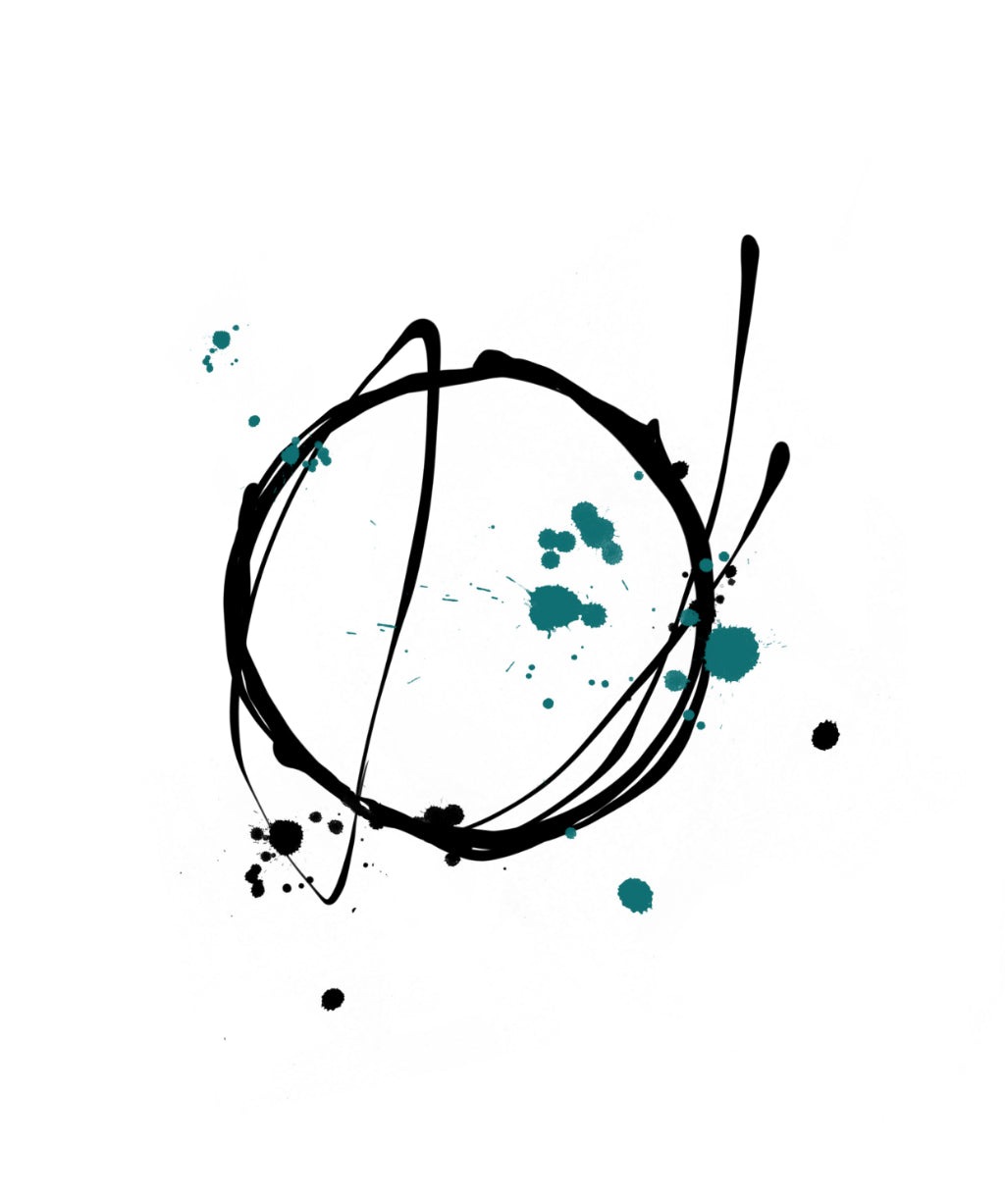 White canvas with simple black circle and splash of blue paint 