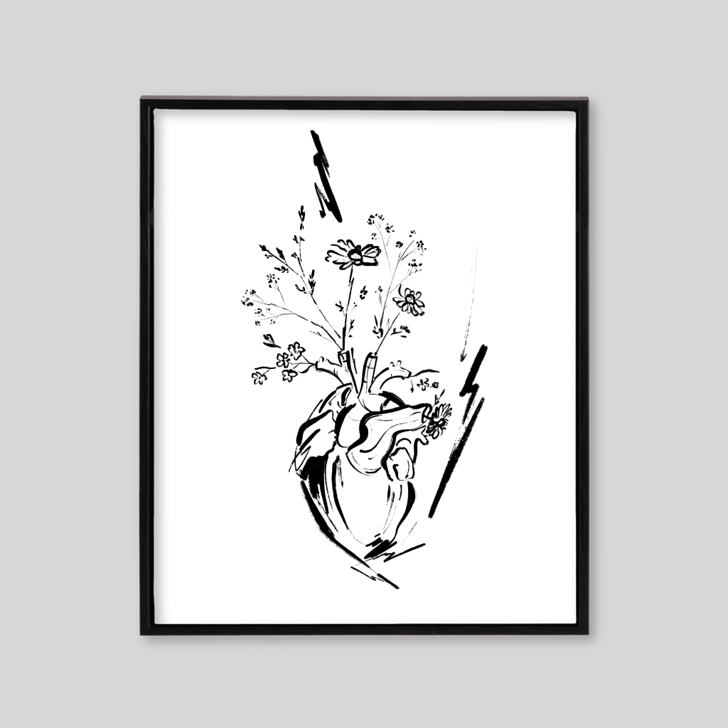 White canvas with simple black line drawing of flowers 