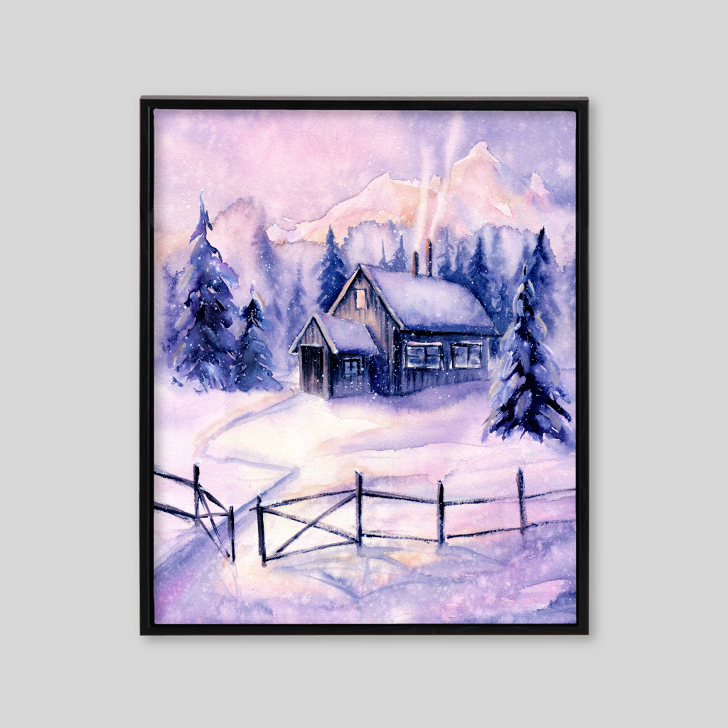 Purple blue theme of cottage in snow surrounded by trees 