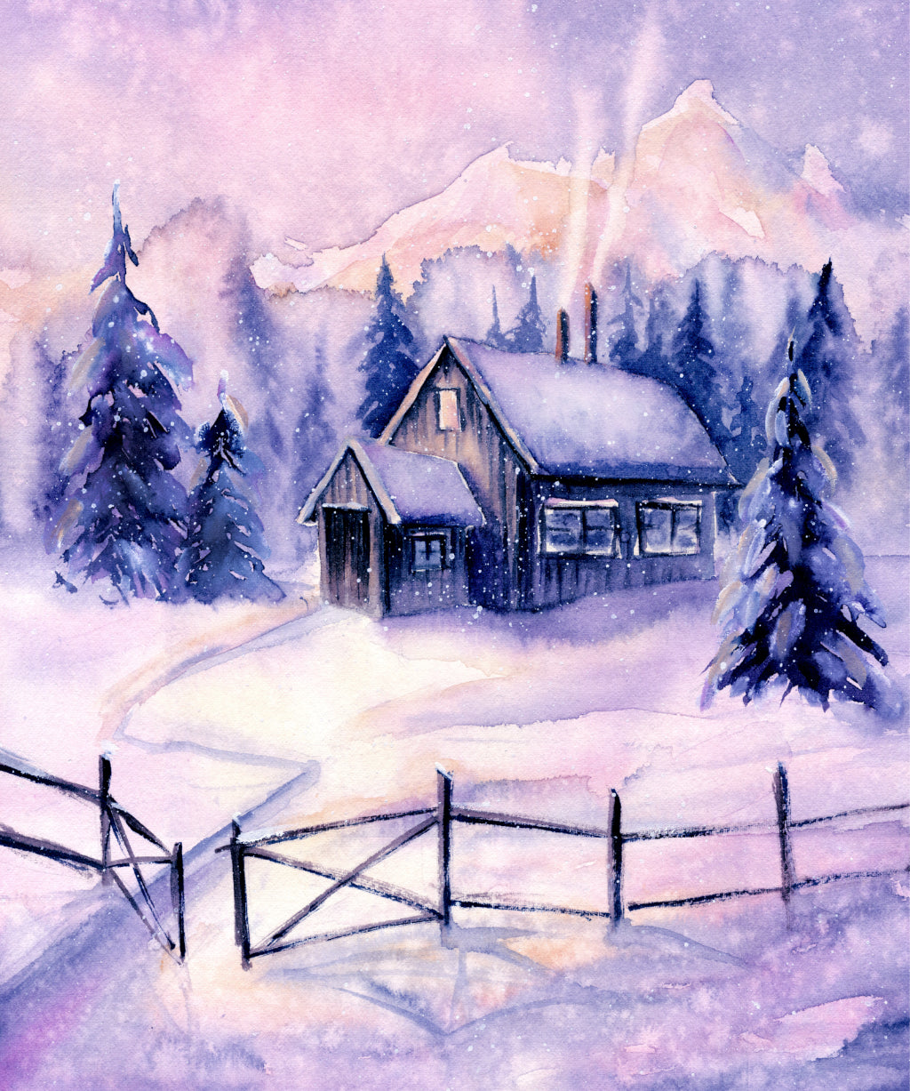 Purple blue theme of cottage in snow surrounded by trees 