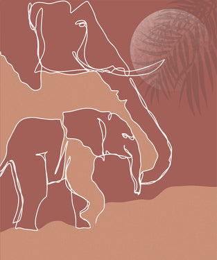 Beige and red solid background with white line art of two elephants 