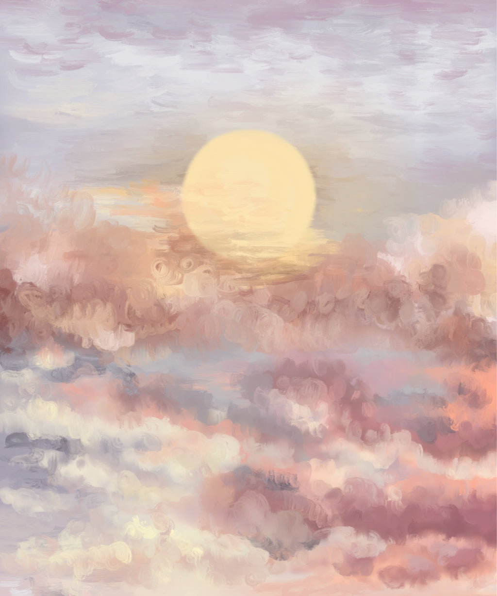 Pink purple and white clouds surrounding bright moon