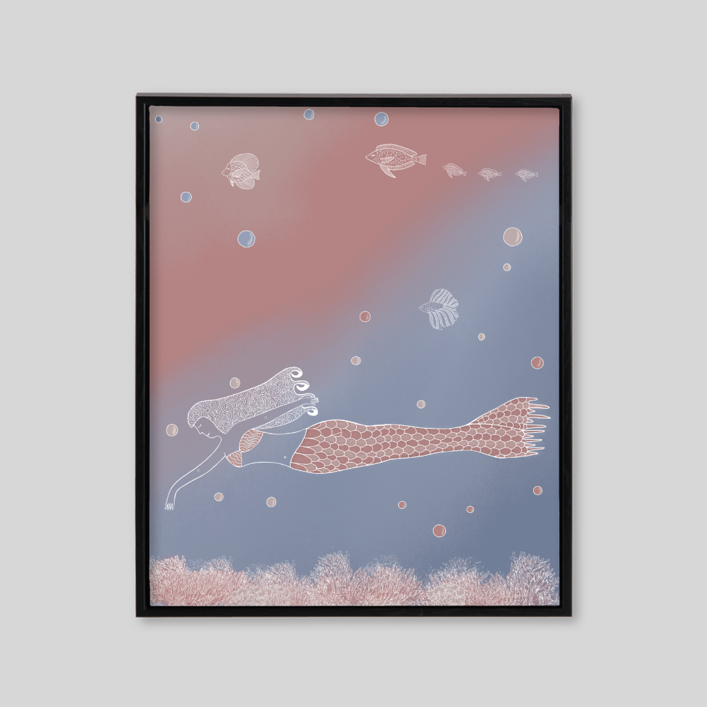 Pink to blue gradient with mermaid line art and peach fish