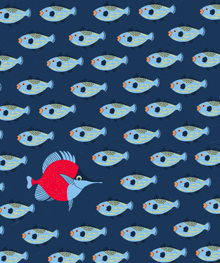 Blue canvas with repetitive fish pattern and one red swordfish