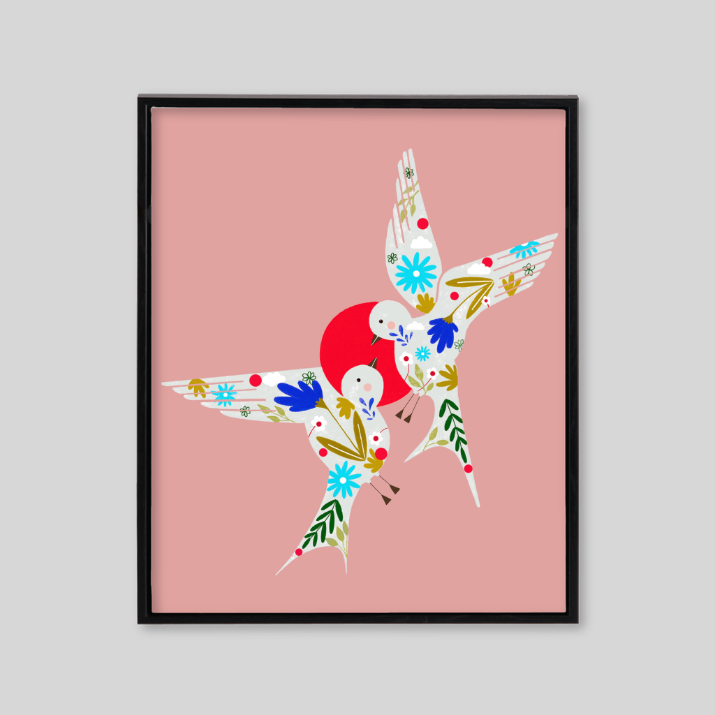 Pink background with white bird silhouettes and blue flower patterns 