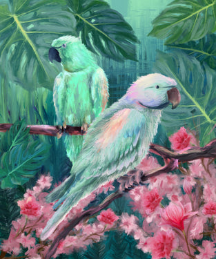 Green themed canvas with two parakeets on green leaf branches with pink flowers 