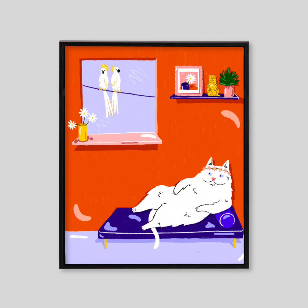 Orange wall canvas with white cat and two birds in window 