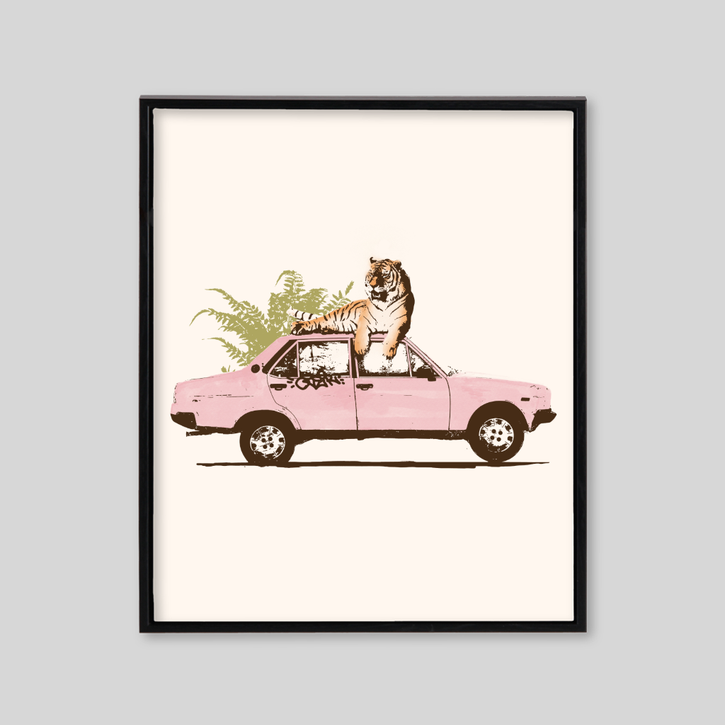 Beige background with tiger on pink car 