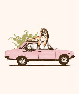 Beige background with tiger on pink car 