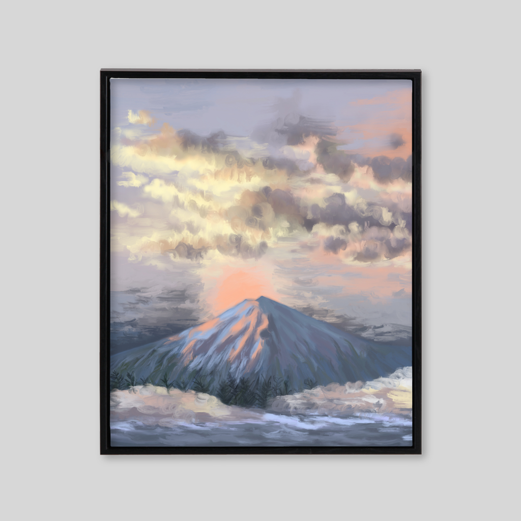 Pastel painting of fuji mountain with peachy clouds 