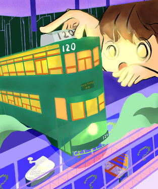 Purple city with green bus and giant girl
