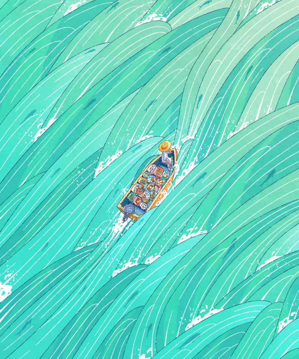 Teal wave lines and small orange boat