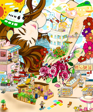 Collage of woman and flowers and buildings 
