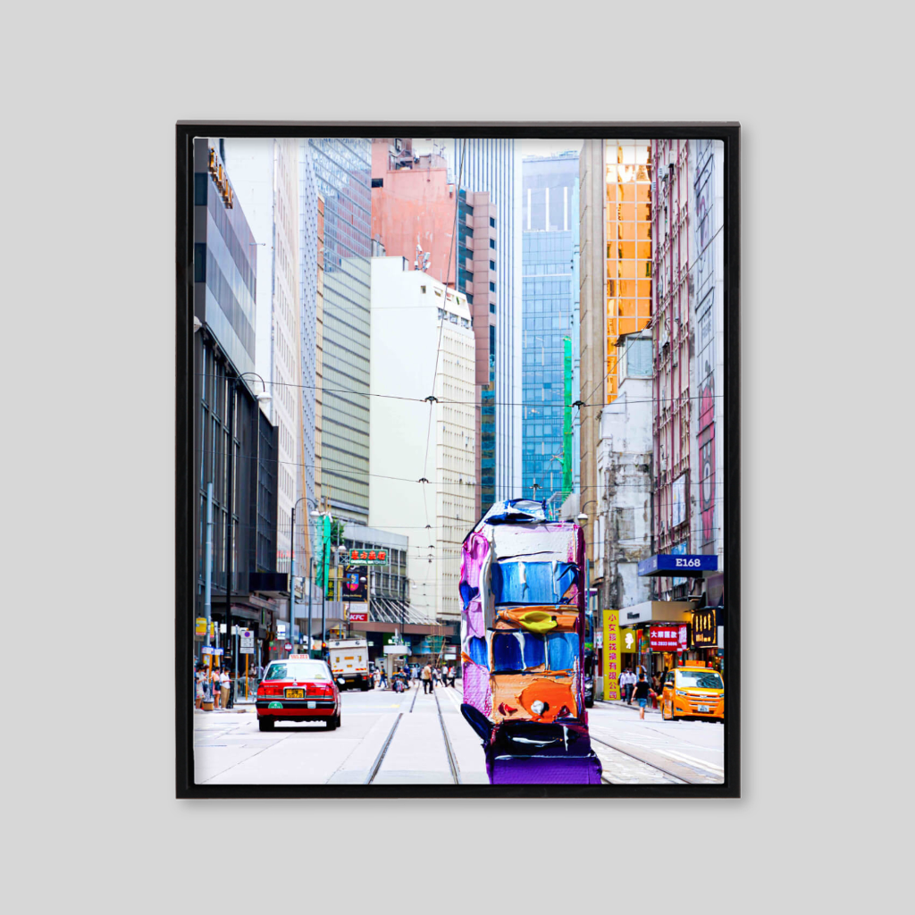 Colourful Hong Kong with pink truck and buildings 