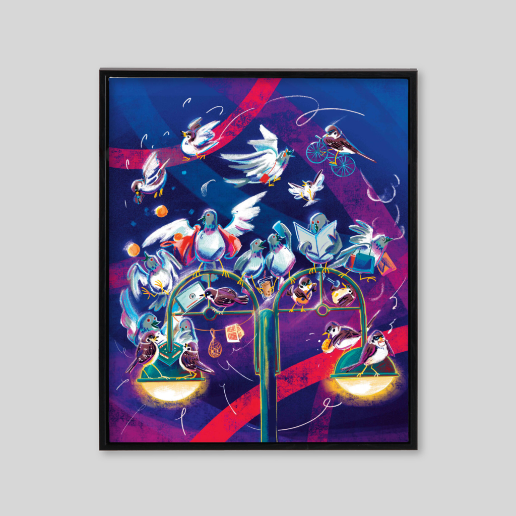 Blue themed canvas with multiple blue birds performing circus