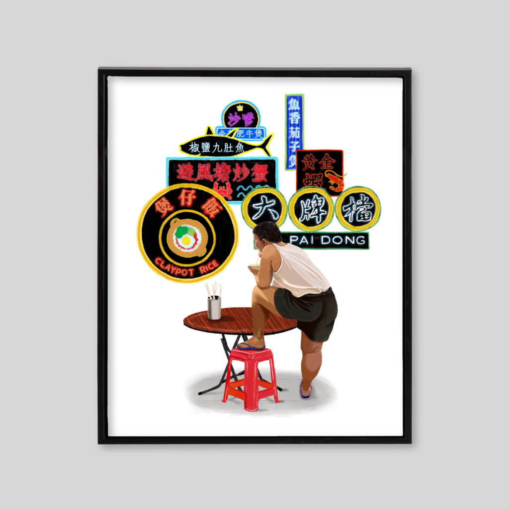 White background with guy on table looking at HK neon signs 