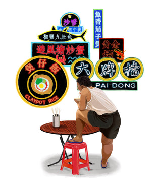 White background with guy on table looking at HK neon signs 