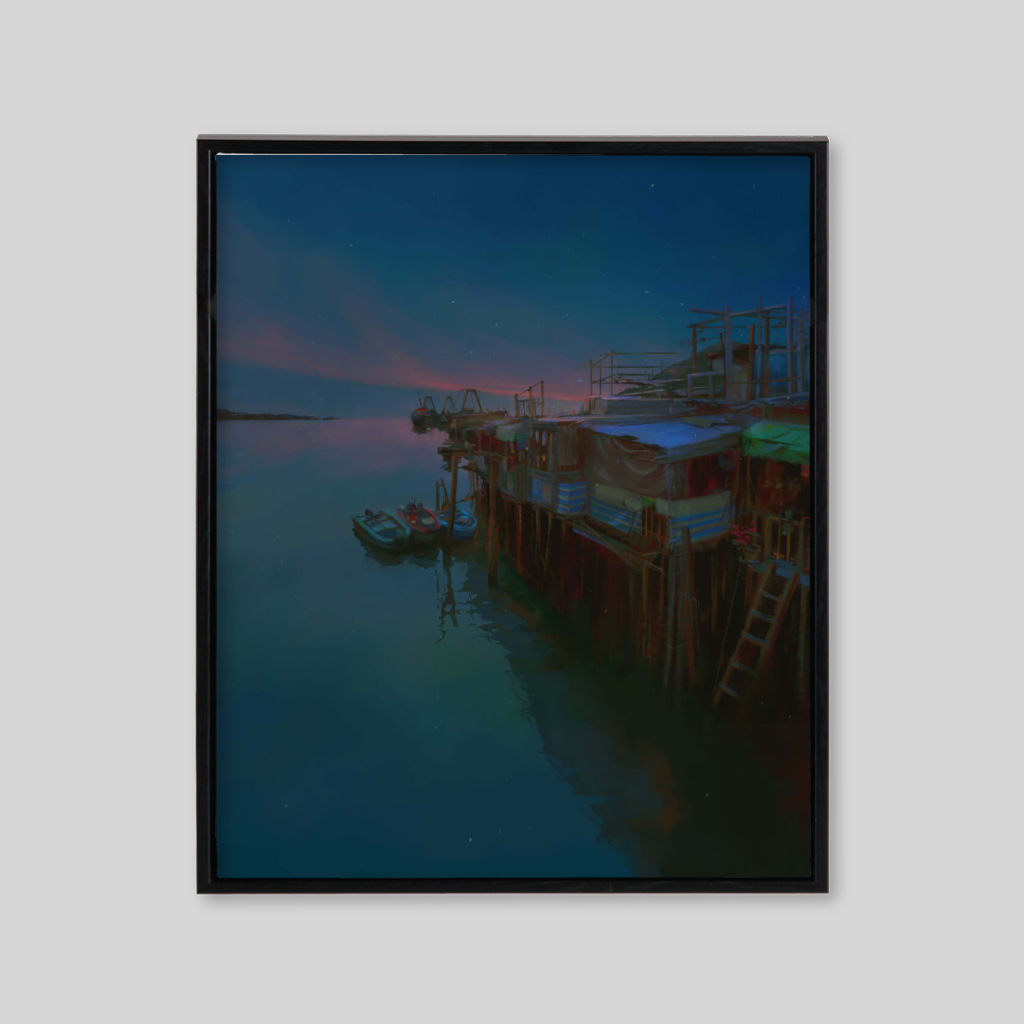 Blue themed canvas with floating house on lake landscape 