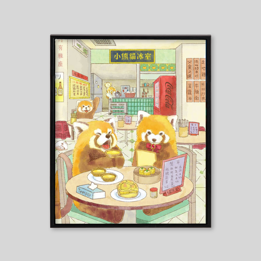 Two red pandas eating in restaurant 