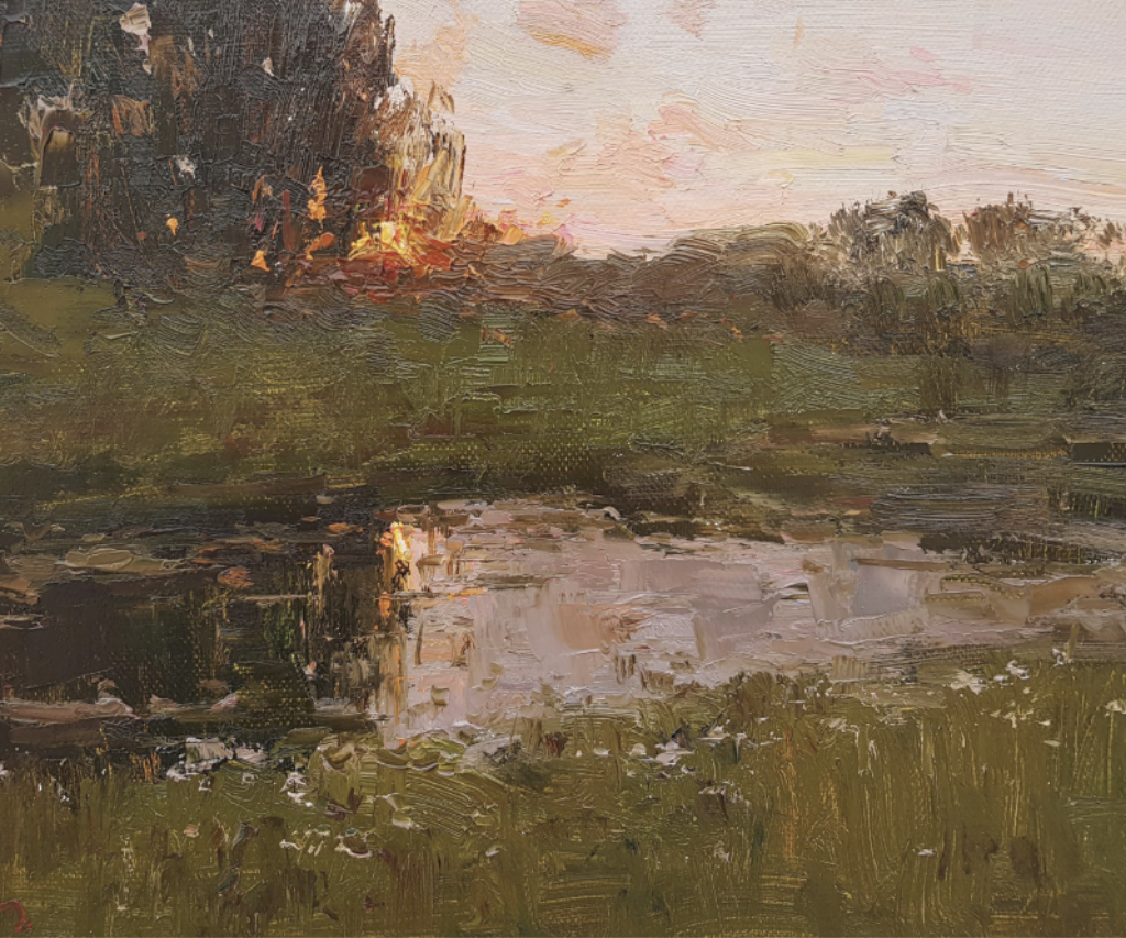 Painting of reflective lake with fields of grass and sunset Painting of reflective lake with fields of grass and sunset 