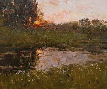 Painting of reflective lake with fields of grass and sunset 
