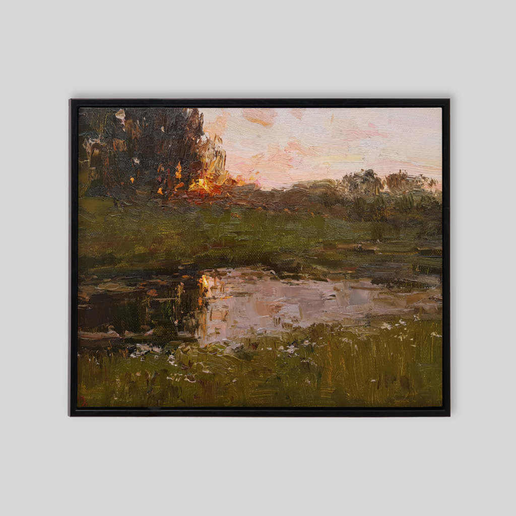 Painting of reflective lake with fields of grass and sunset 
