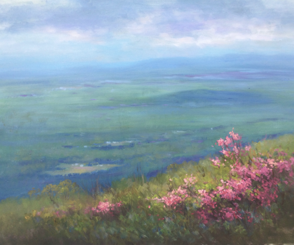 Blue ocean landscape with green grass and pink flowers painting