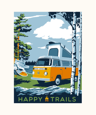 Blue yellow and green illustration with yellow camper van in nature 