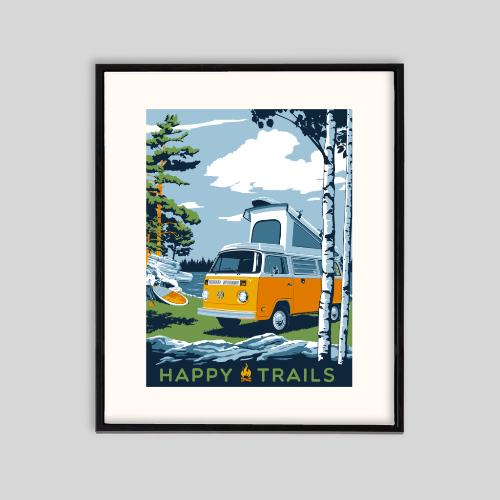 Blue yellow and green illustration with yellow camper van in nature 