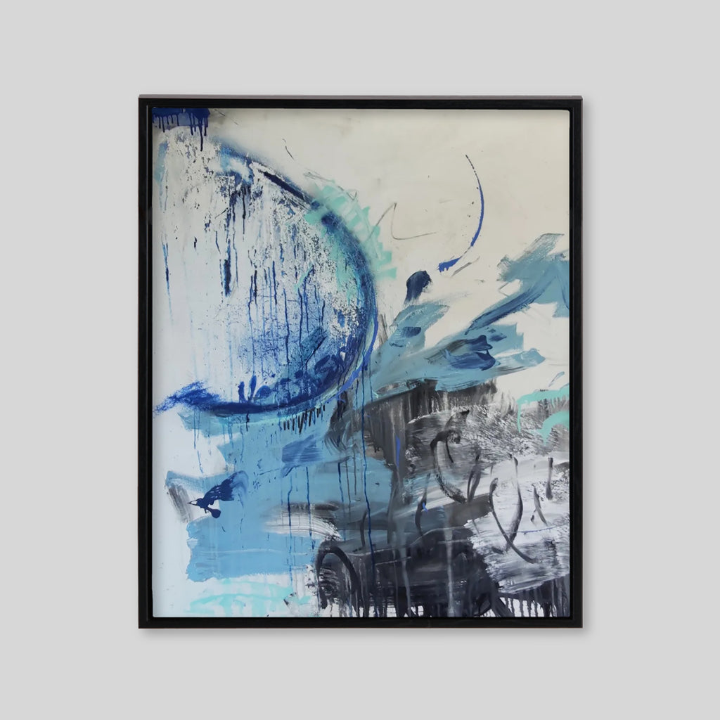 White blue and black abstract art streaks with paint splatters 