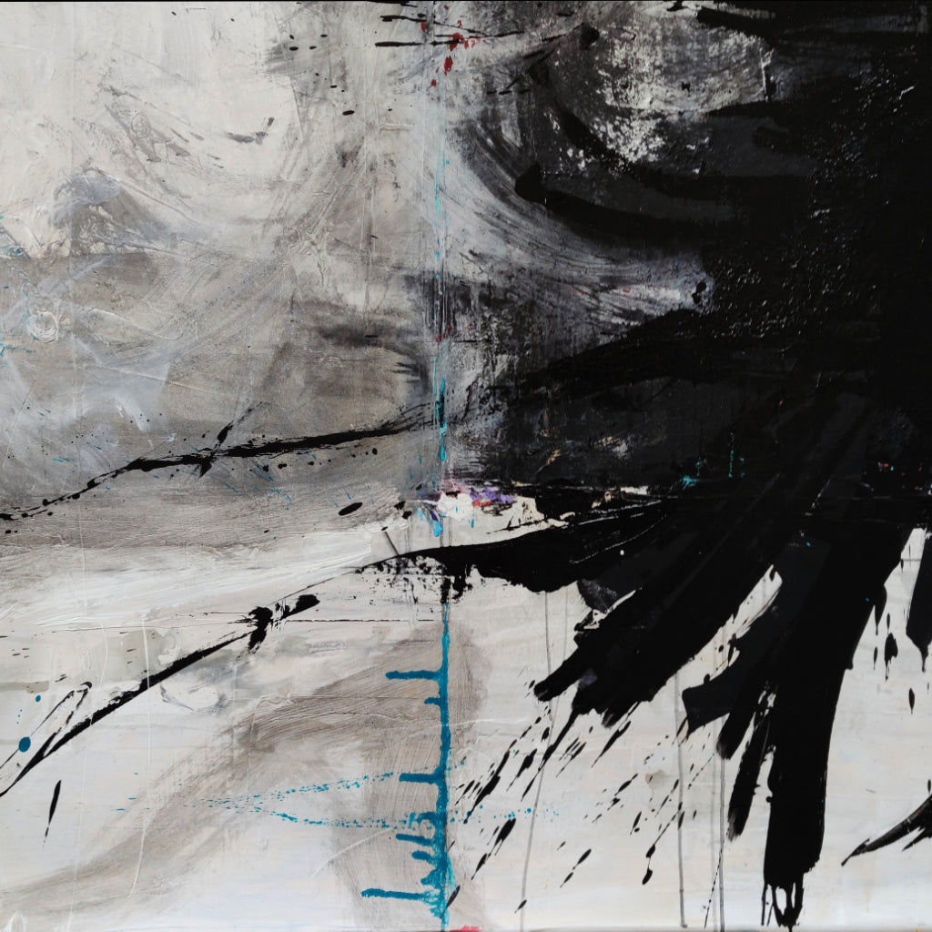 Monochrome abstract ink painting with streak of blue