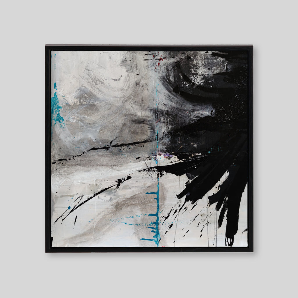 Monochrome abstract ink painting with streak of blue