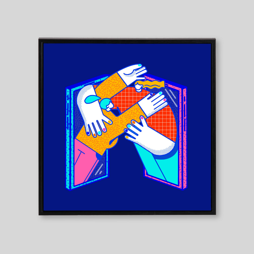 Deep blue canvas with two abstract girls hugging 